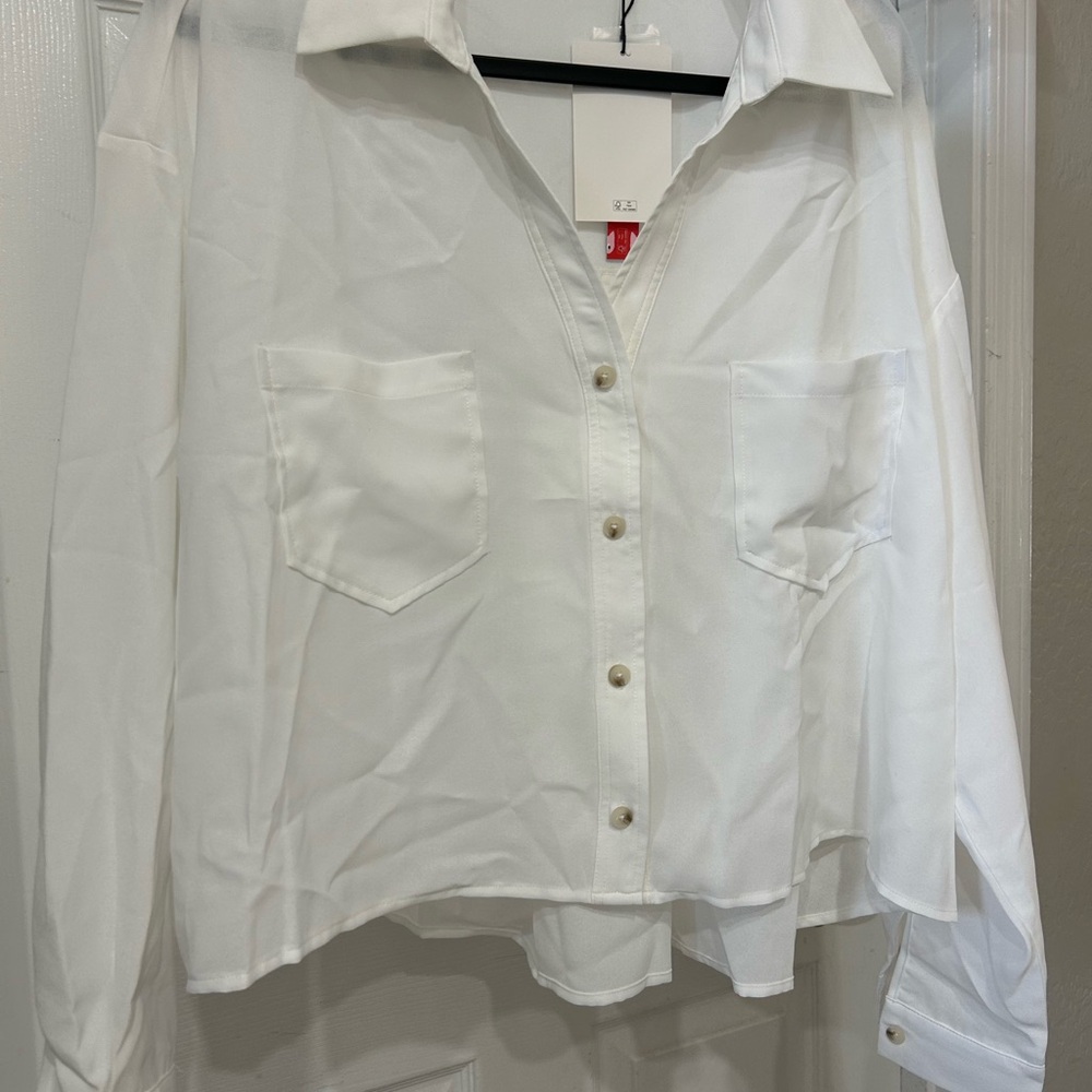 Cider White Boxy Long Sleeve Notched Collar Shirt